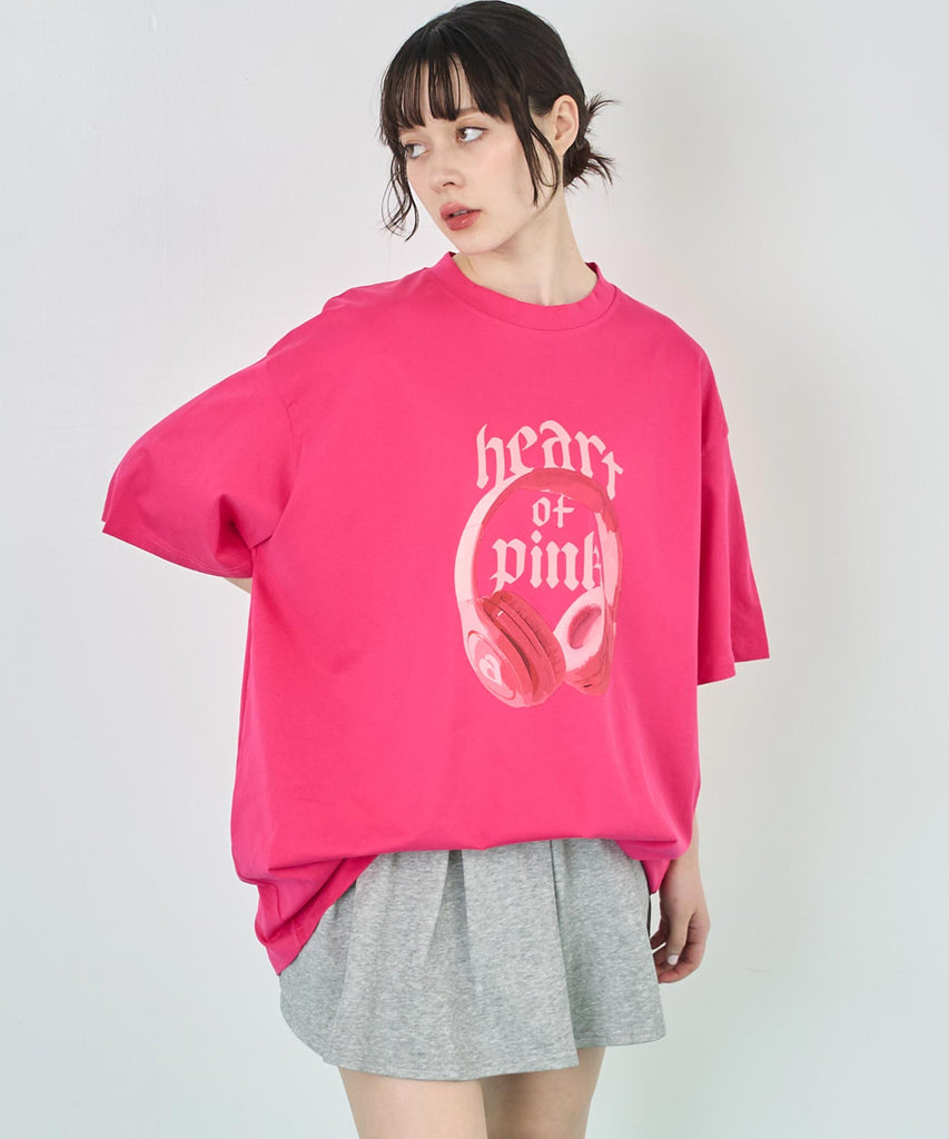 AW1998 無地　ピンク UネックTシャツ イヤホンプリント ビッグ Tシャツ 153-5787 – ANAP オンラインショップ