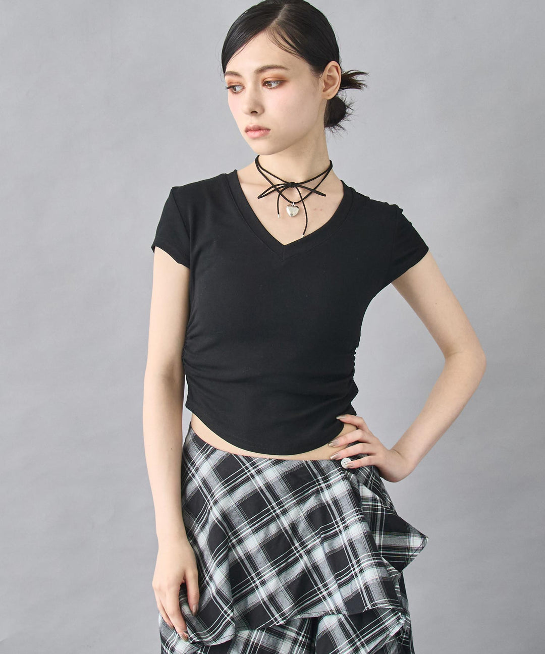 裾ギャザー Vネック Tシャツ 153-5802
