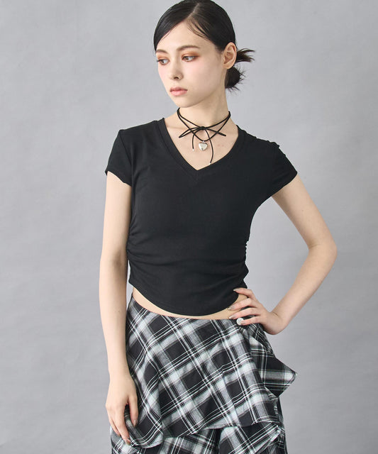 裾ギャザー Vネック Tシャツ 153-5802