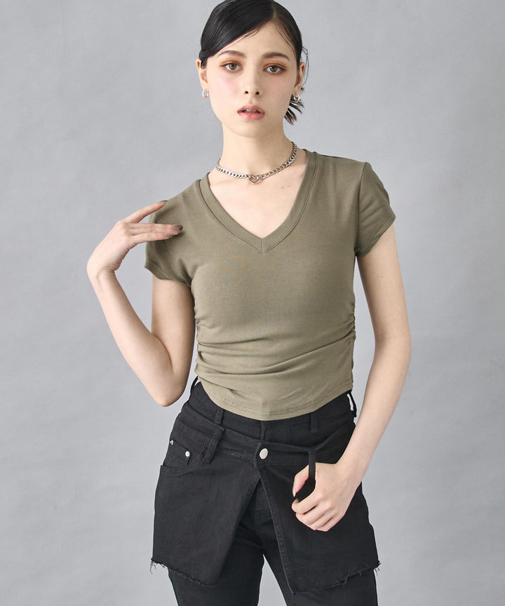 裾ギャザー Vネック Tシャツ 153-5802