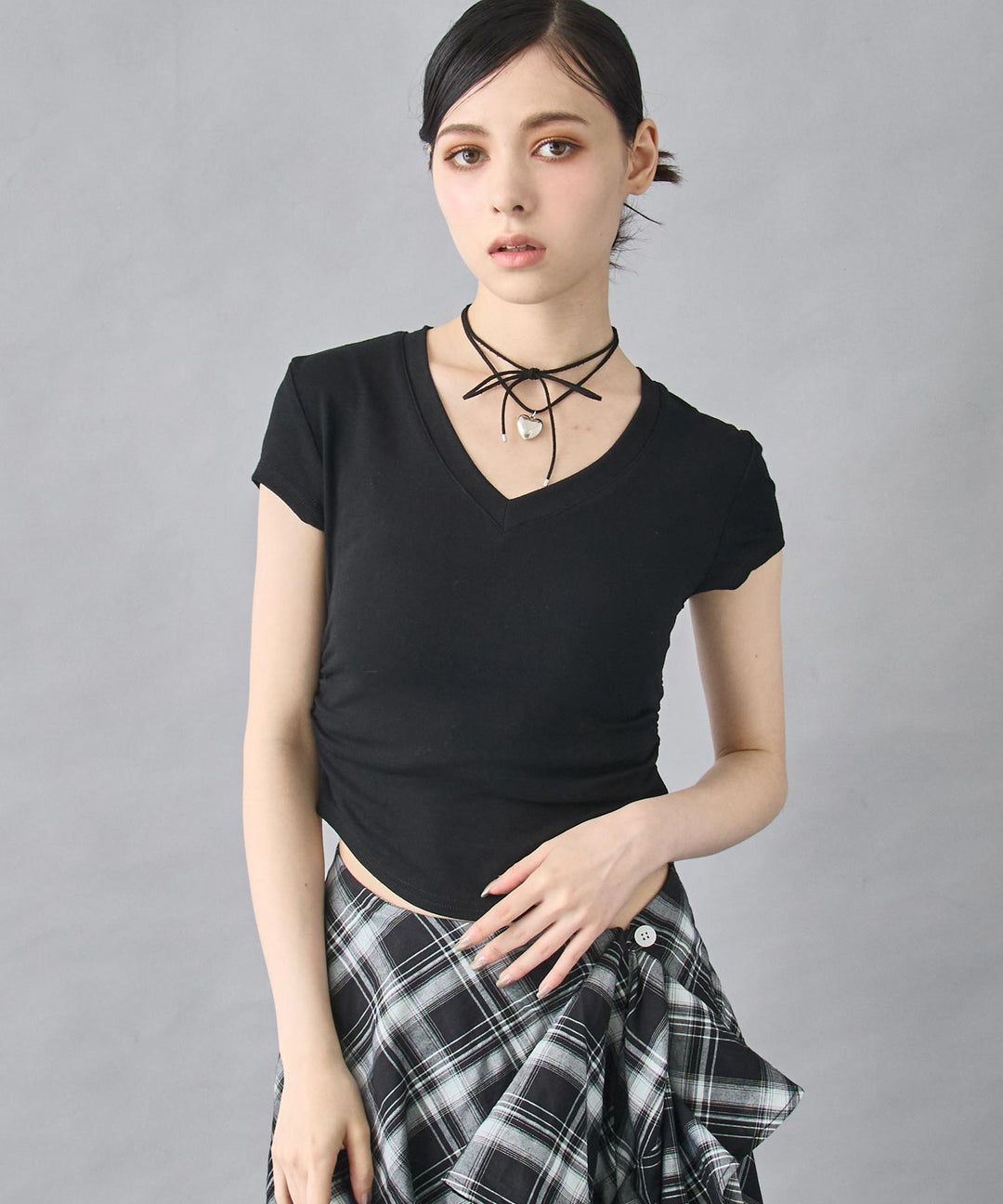 裾ギャザー Vネック Tシャツ 153-5802
