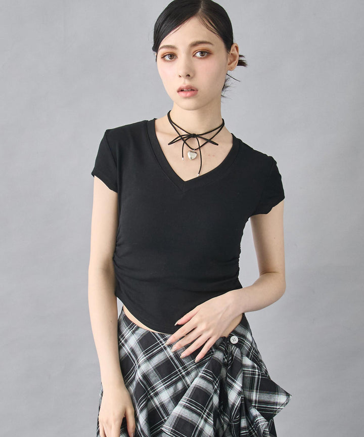 裾ギャザー Vネック Tシャツ 153-5802