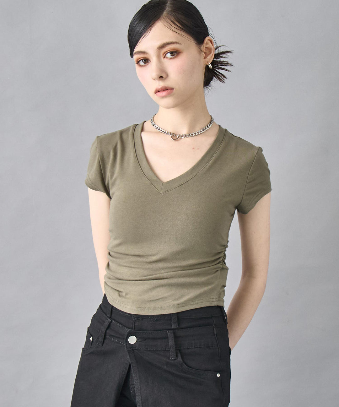 裾ギャザー Vネック Tシャツ 153-5802