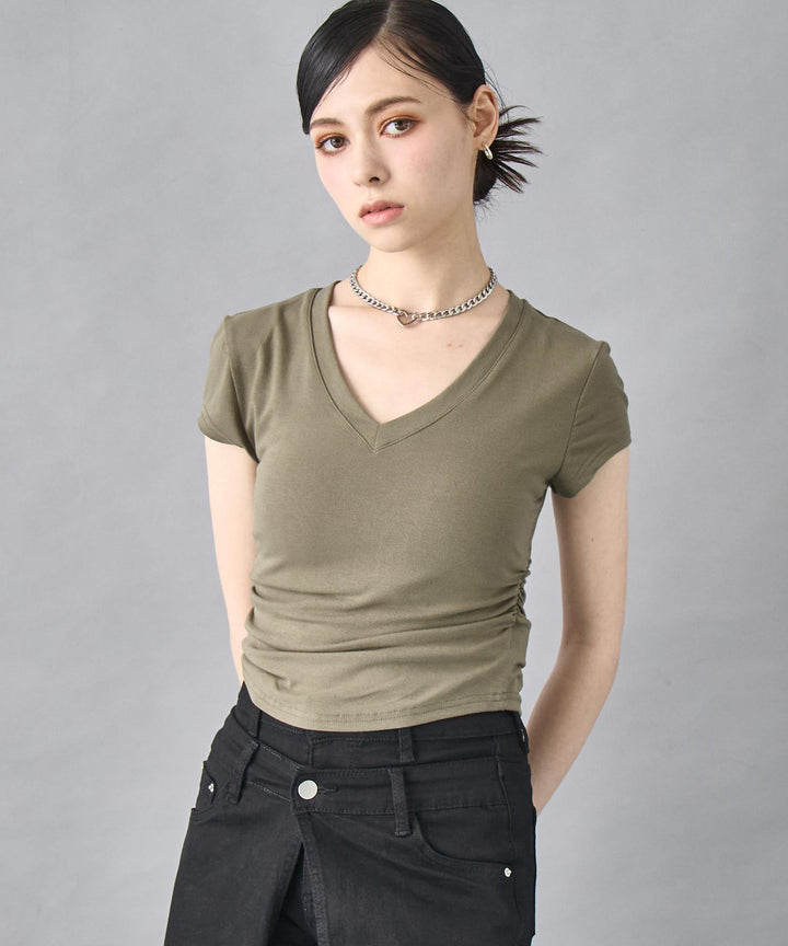 裾ギャザー Vネック Tシャツ 153-5802