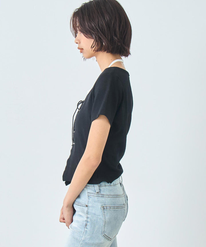 レイヤード風 レースアップ Tシャツ 153-5805