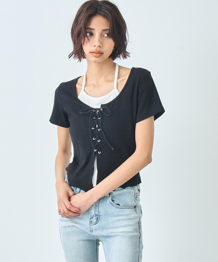 レイヤード風 レースアップ Tシャツ 153-5805