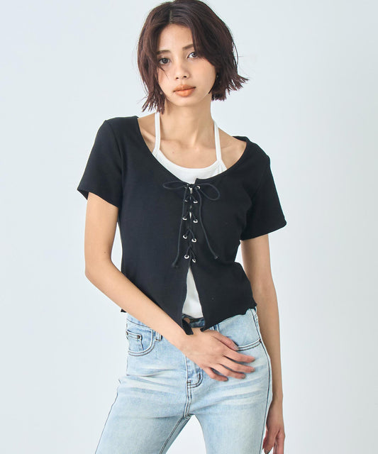 レイヤード風 レースアップ Tシャツ 153-5805