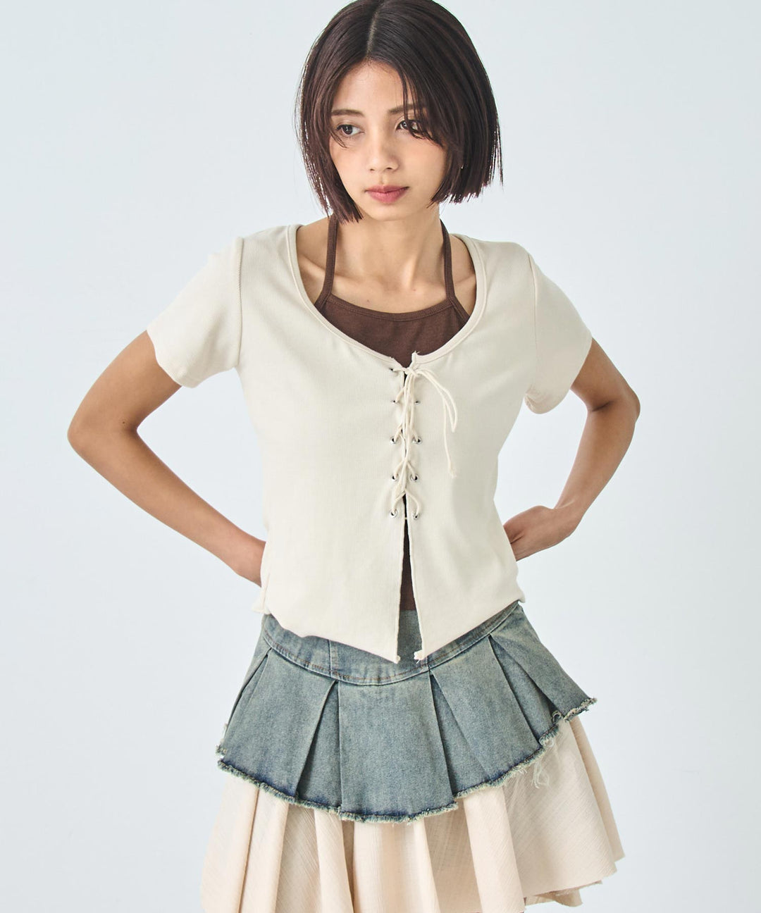 レイヤード風 レースアップ Tシャツ 153-5805