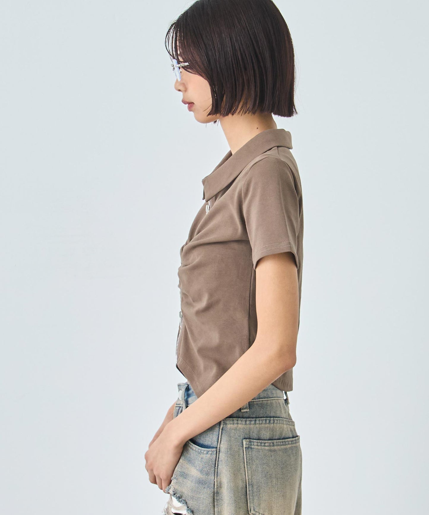 ギャザー ZIP 半袖 トップス 153-5811