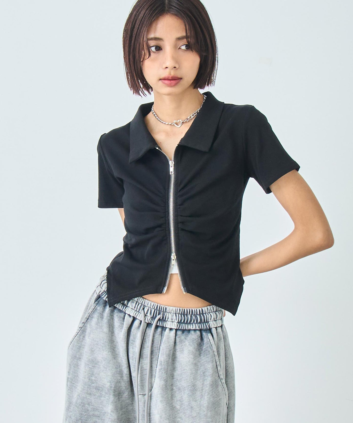 ギャザー ZIP 半袖 トップス 153-5811