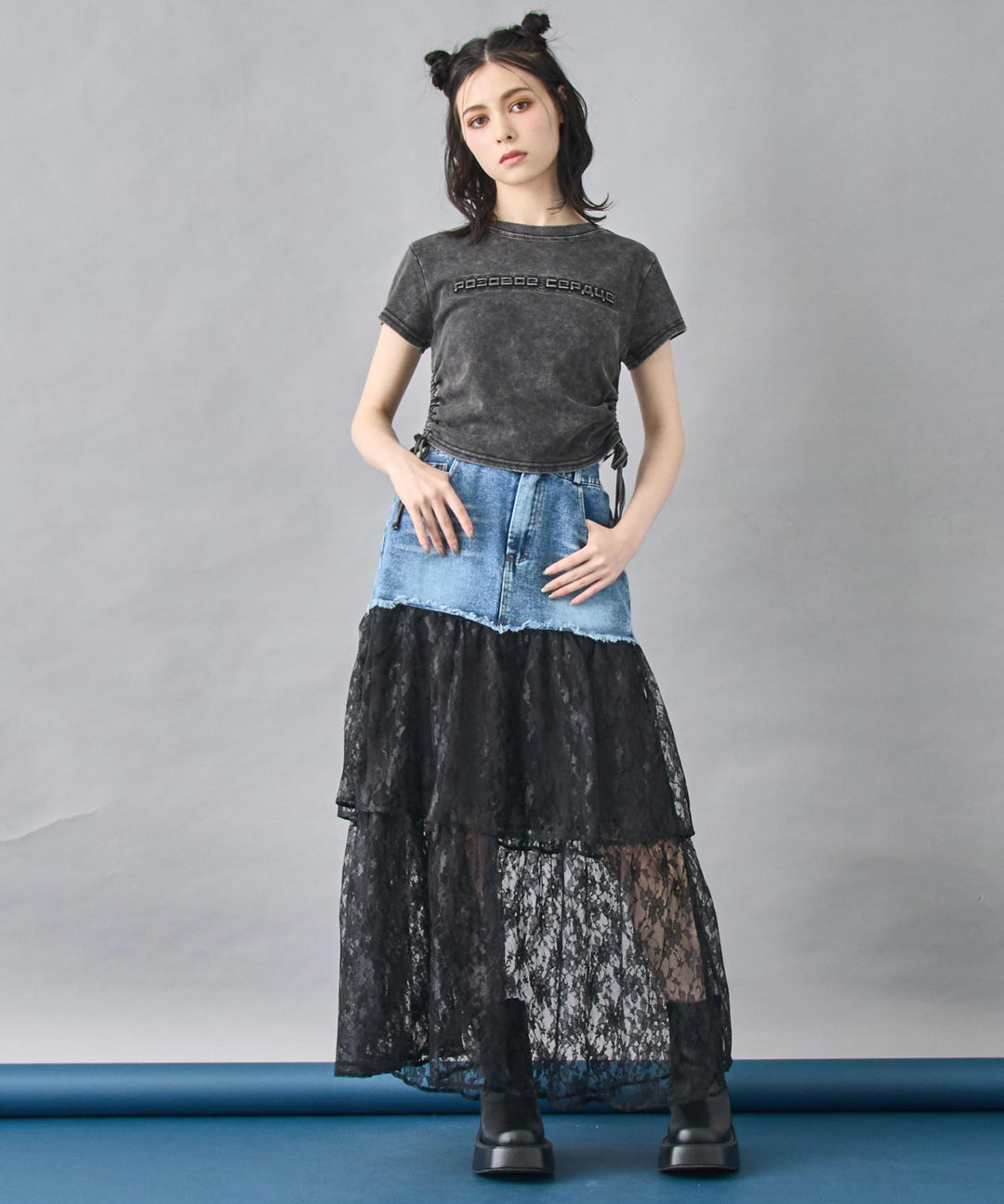 サイド ギャザー ケミカル ウォッシュ エンボス ロゴ Tシャツ 153-5866