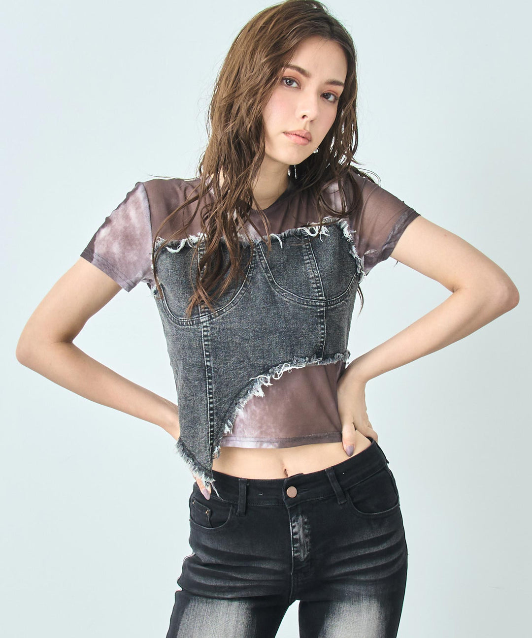デニム ビスチェ ドッキング ニュアンス シアー Tシャツ 153-5868