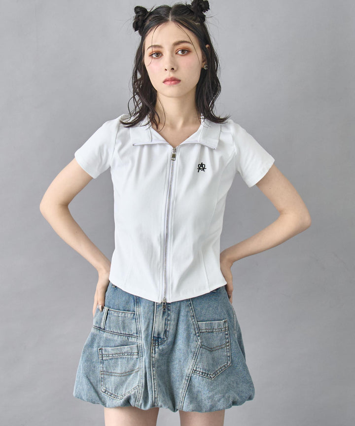 ハート ロゴ モックネック ダブルZIP 半袖 トップス 153-5870
