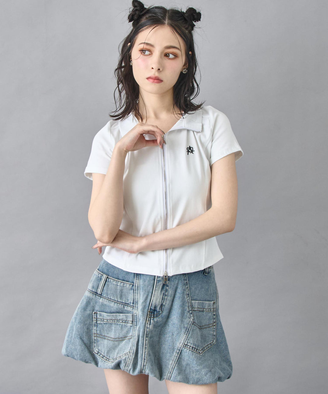 ハート ロゴ モックネック ダブルZIP 半袖 トップス 153-5870