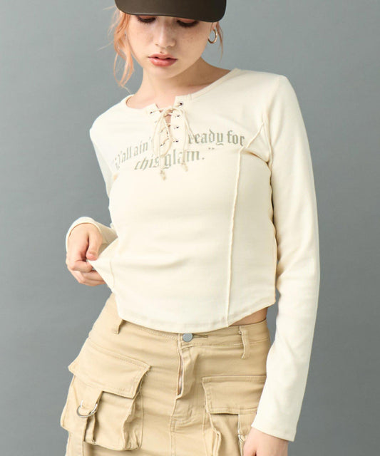 プリント レースアップ コルセット リブトップス カットソー 153-5950