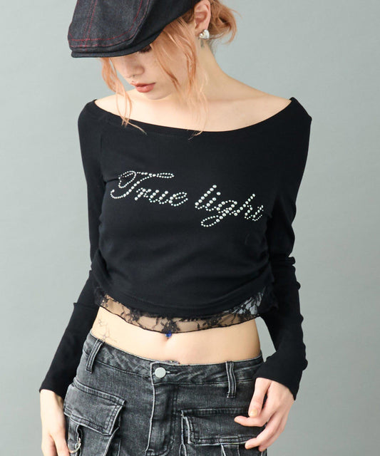 スタッズ ロゴ レース ヘム ワンショルダー リブ トップス 153-5953