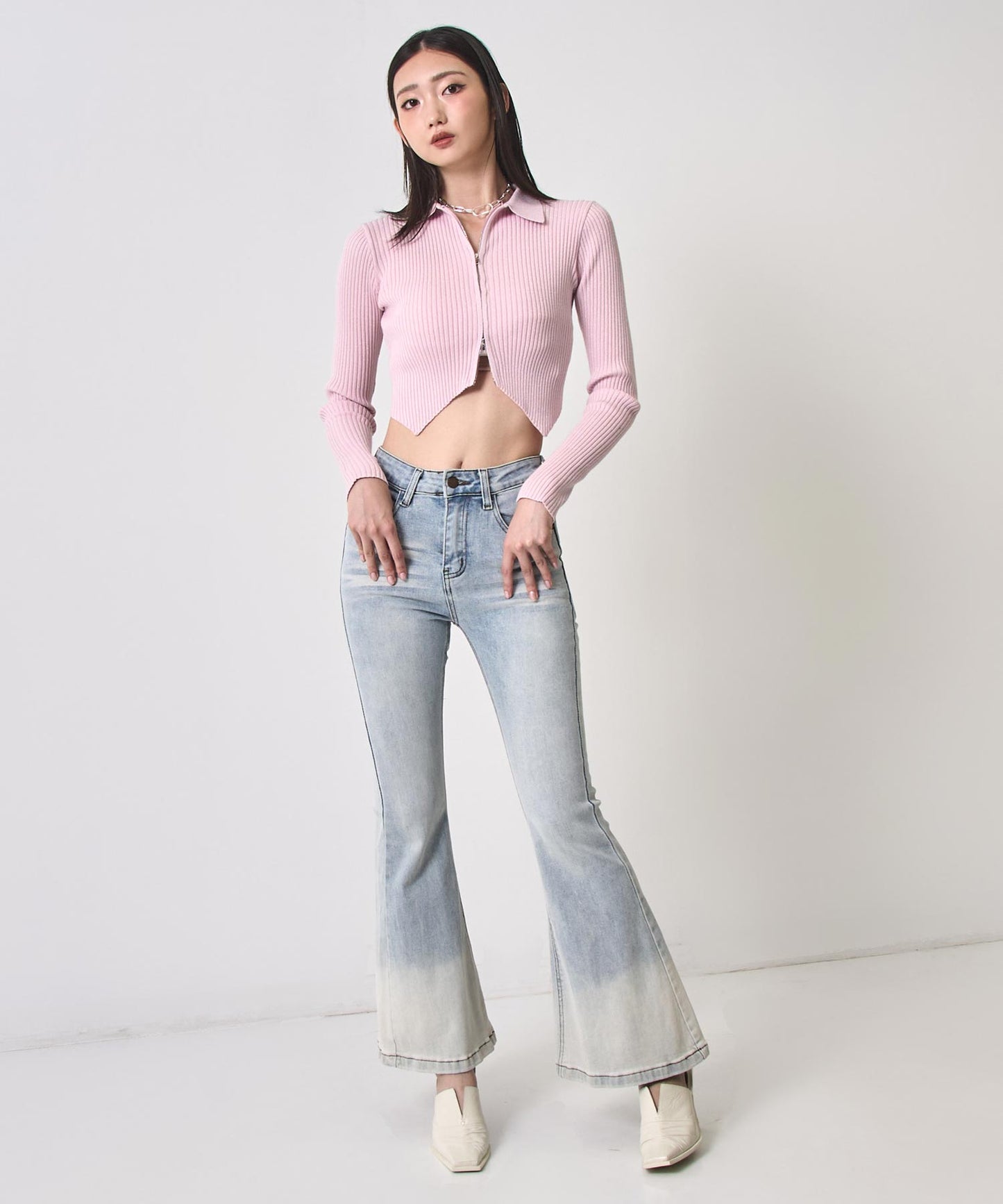 ラメニット ダブルジップ 襟付き トップス 153-5956