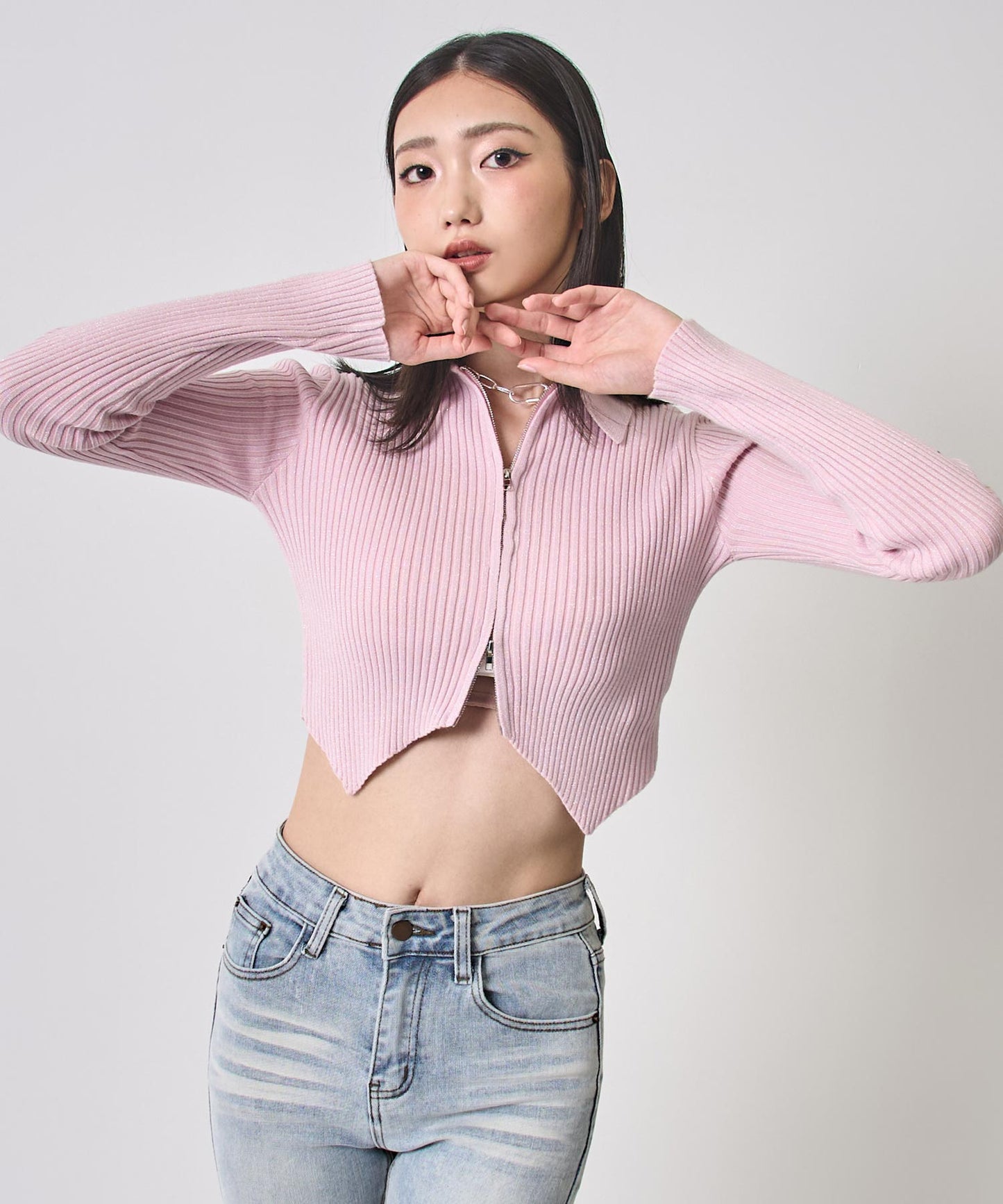 ラメニット ダブルジップ 襟付き トップス 153-5956