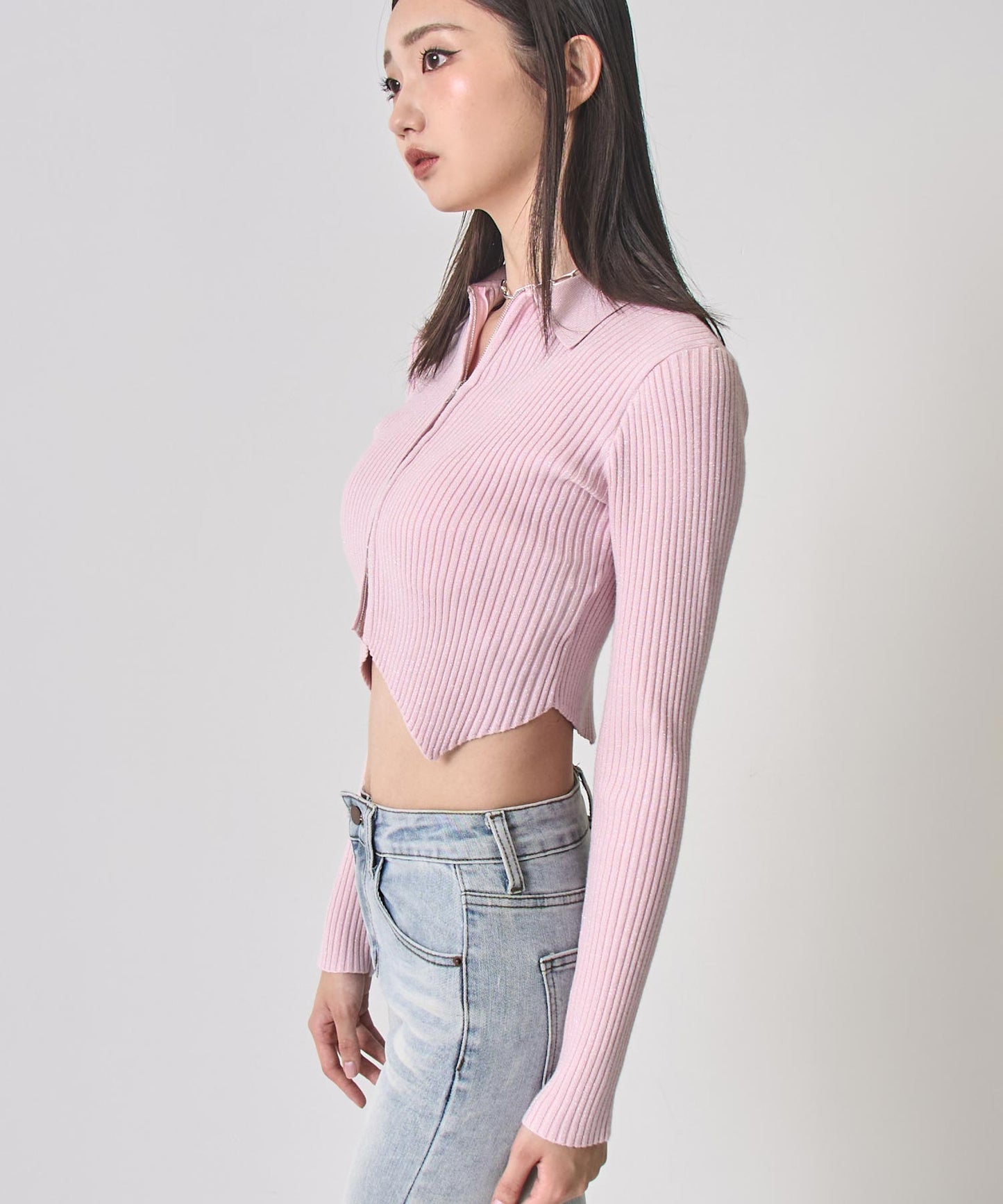 ラメニット ダブルジップ 襟付き トップス 153-5956