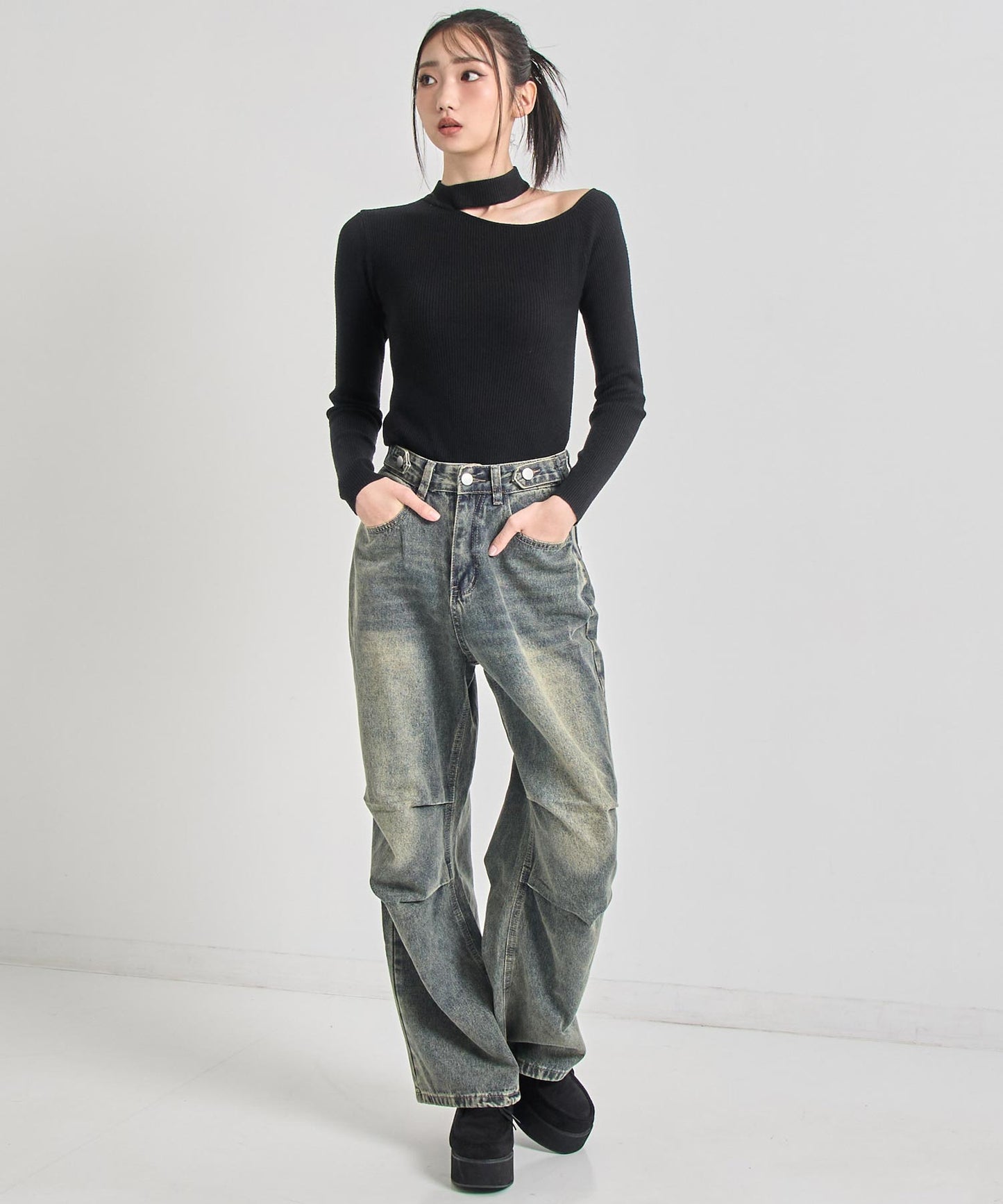 チョーカーネック オープンショルダー リブニット 153-5964