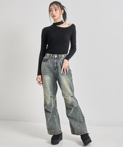 チョーカーネック オープンショルダー リブニット 153-5964