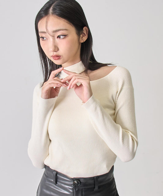 チョーカーネック オープンショルダー リブニット 153-5964