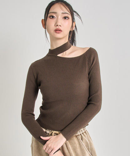 チョーカーネック オープンショルダー リブニット 153-5964