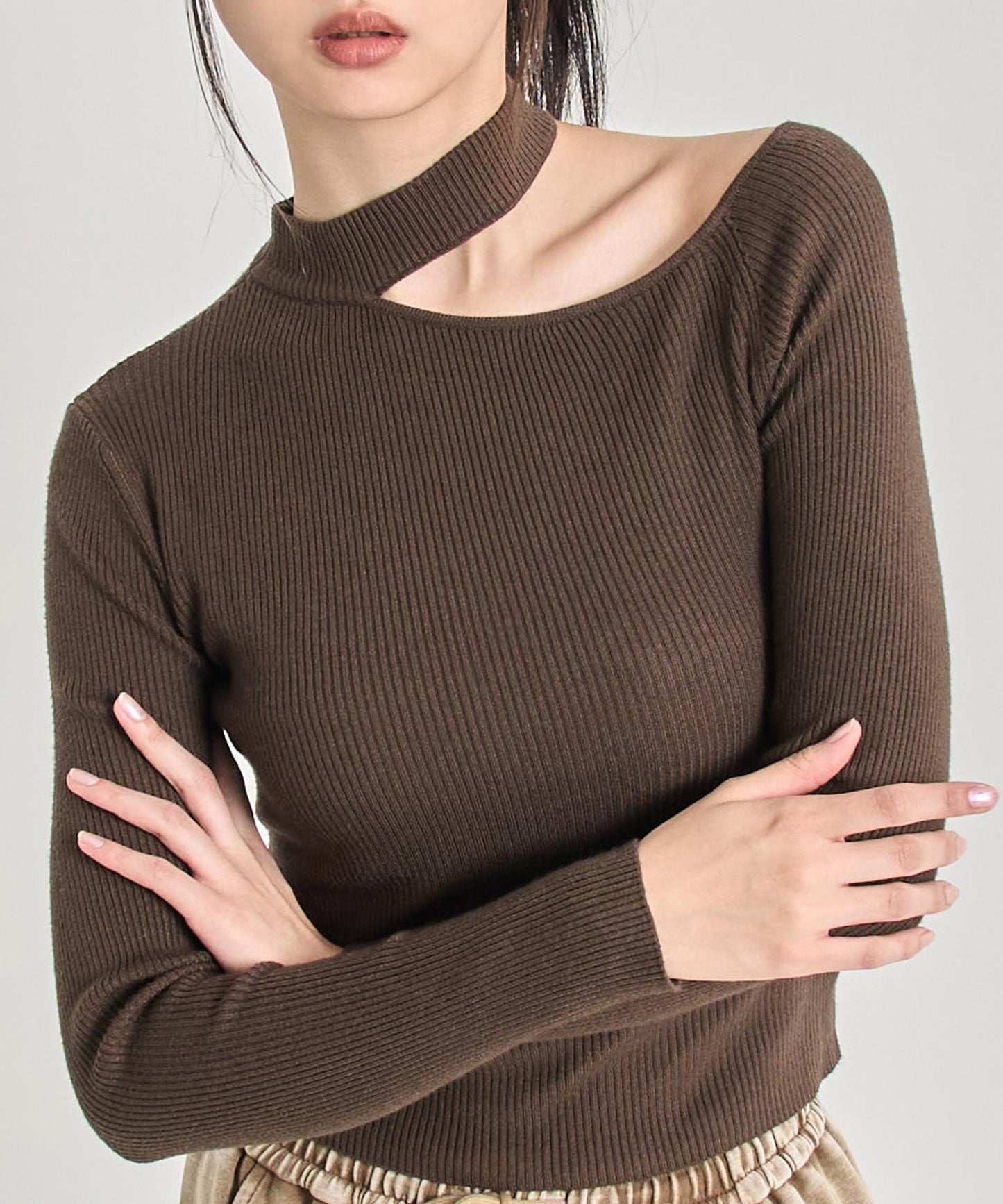 チョーカーネック オープンショルダー リブニット 153-5964
