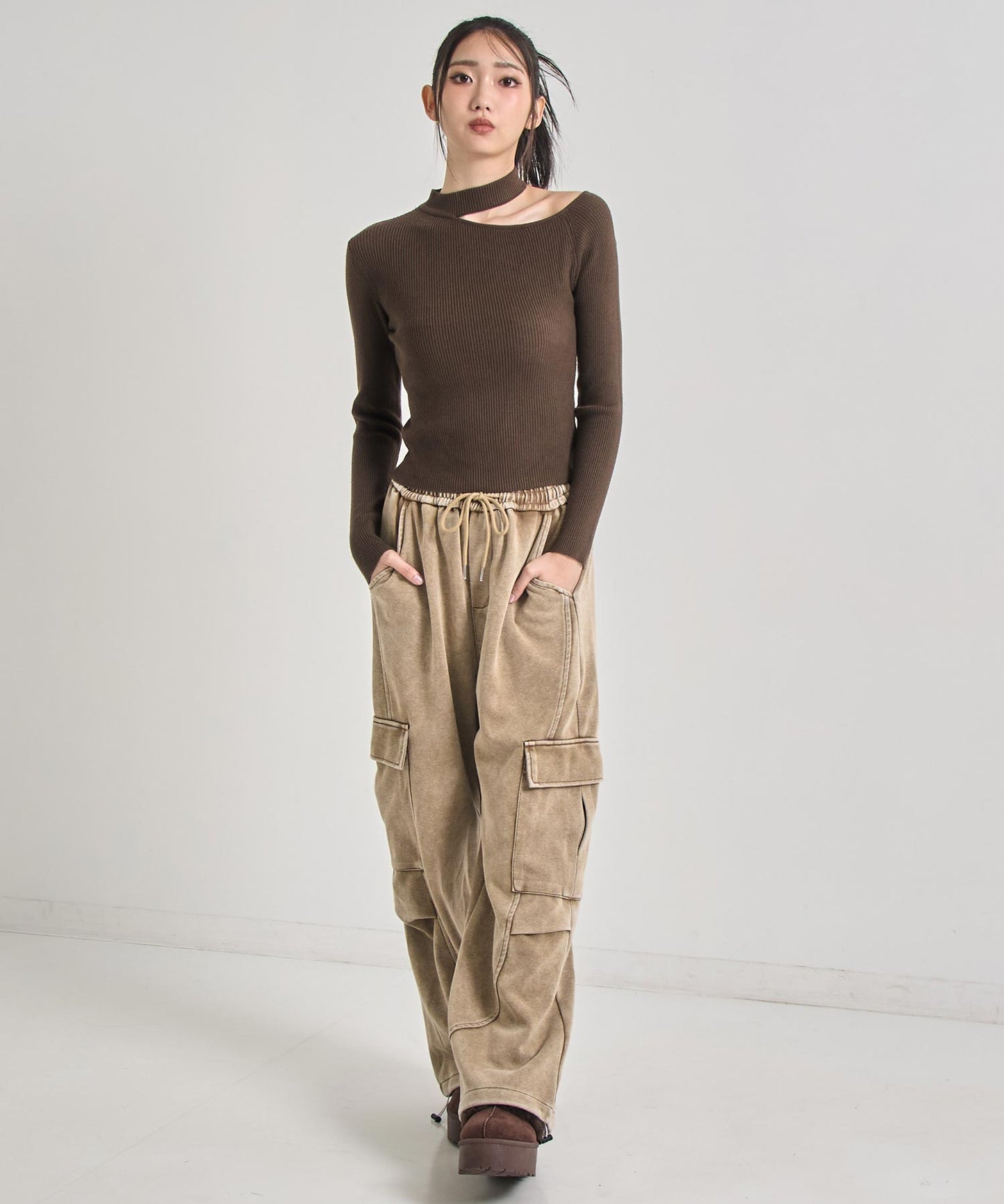 チョーカーネック オープンショルダー リブニット 153-5964