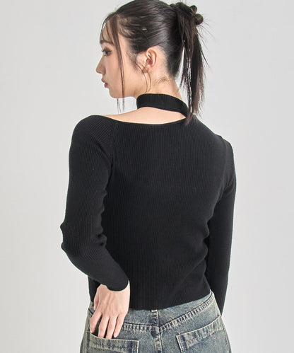 チョーカーネック オープンショルダー リブニット 153-5964