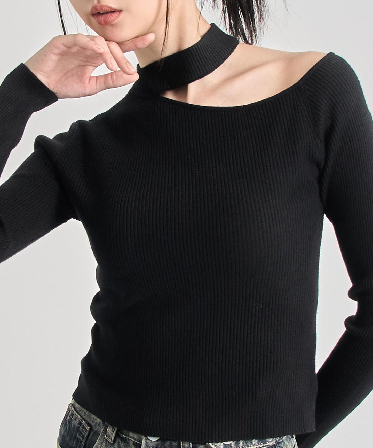 チョーカーネック オープンショルダー リブニット 153-5964