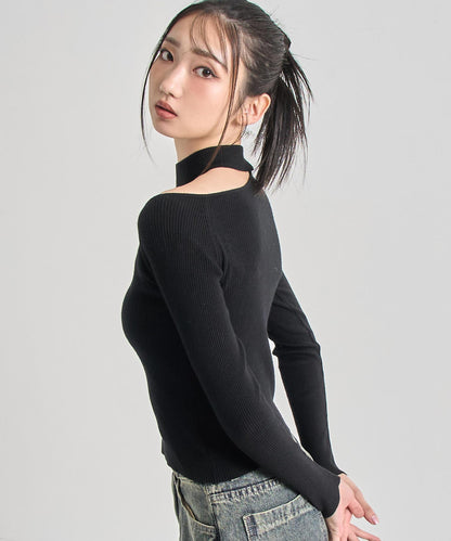 チョーカーネック オープンショルダー リブニット 153-5964