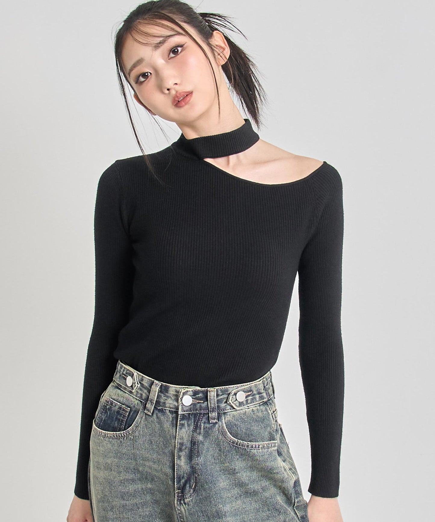 チョーカーネック オープンショルダー リブニット 153-5964