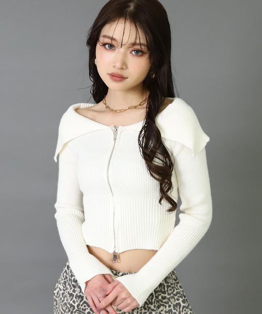 ダブルジップ オフショル リブ ニット トップス 153-5971