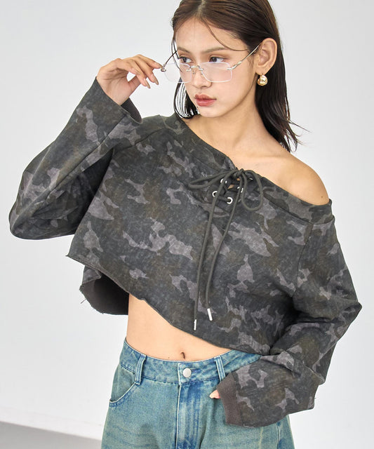 カモフラージュ柄 オフショルダー スウェット トップス  153-5982