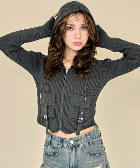 リブニットフラップポケット ダブルジップ トップス 153-5990