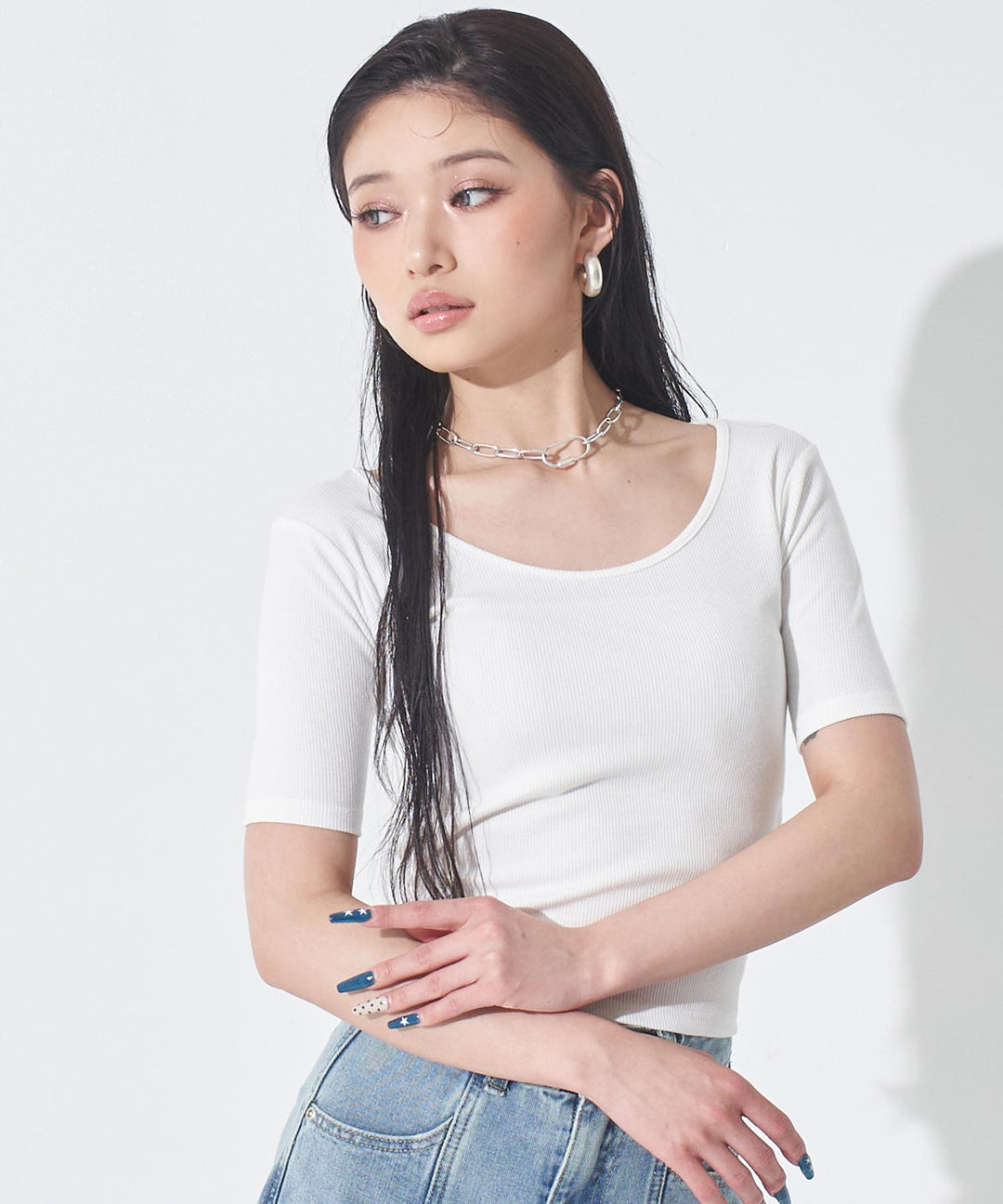 バックシフォンリボン リブTシャツ トップス 153-6031
