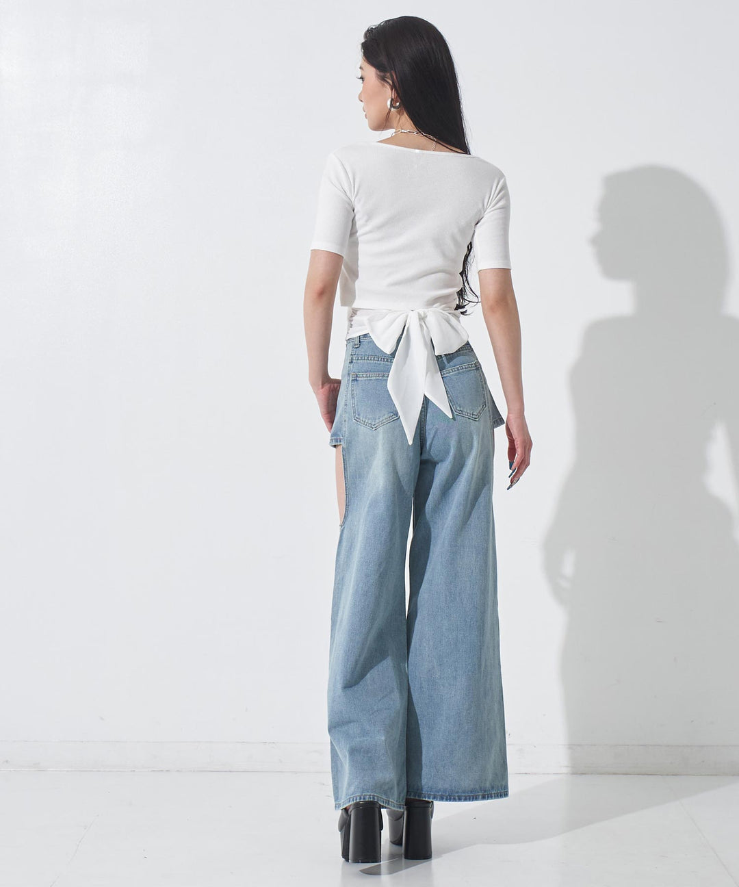 バックシフォンリボン リブTシャツ トップス 153-6031