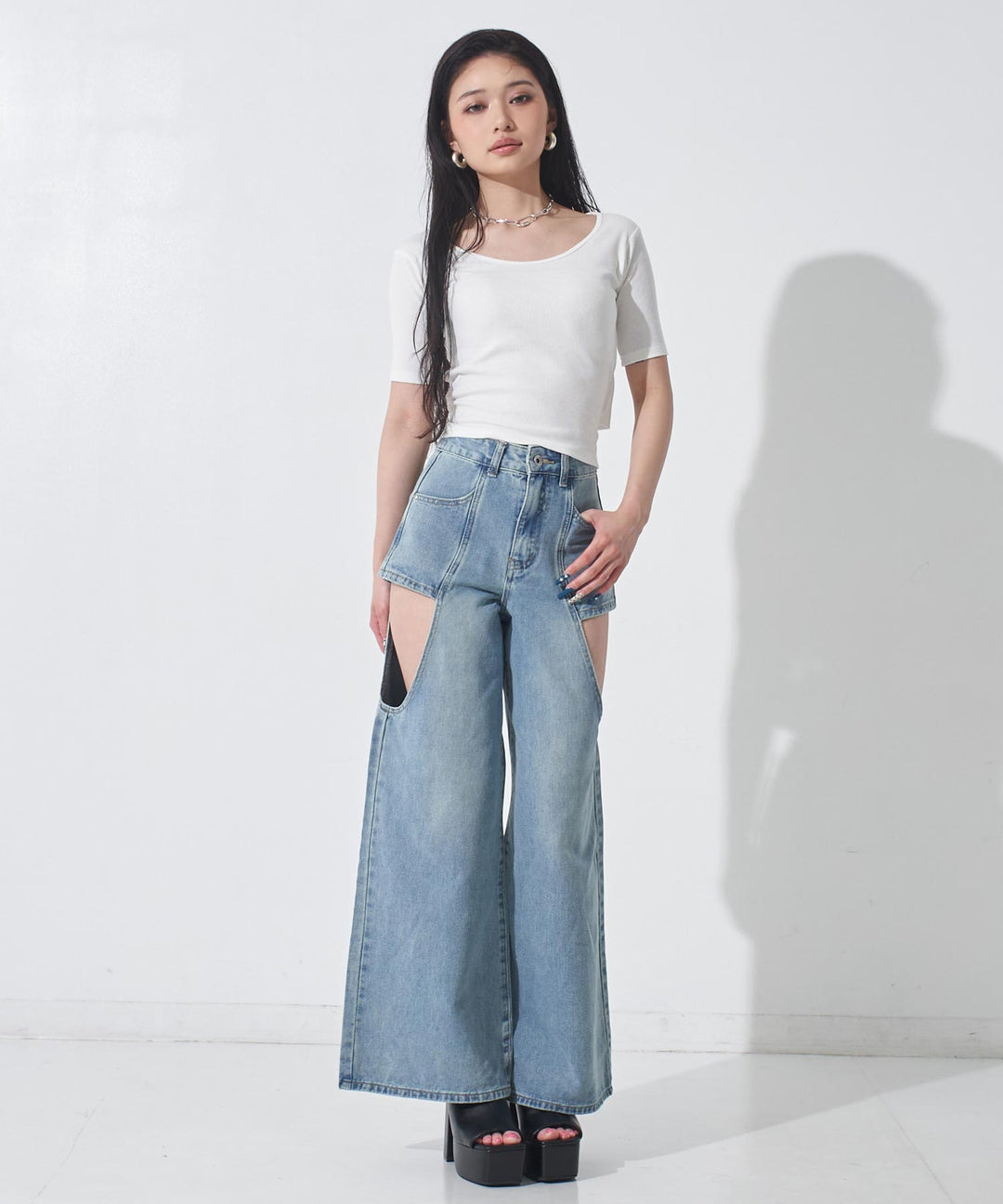 バックシフォンリボン リブTシャツ トップス 153-6031