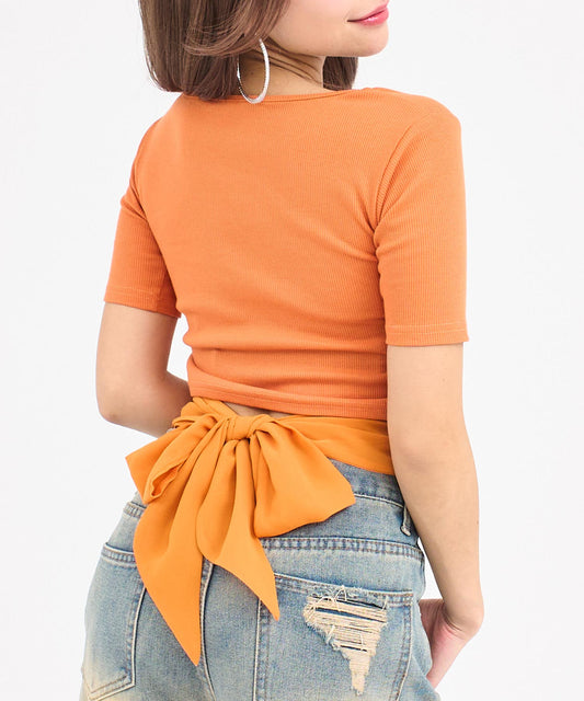 バックシフォンリボン リブTシャツ トップス 153-6031