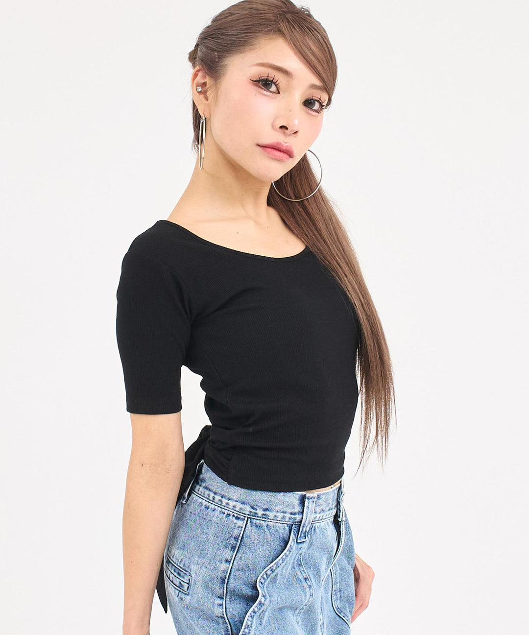 バックシフォンリボン リブTシャツ トップス 153-6031