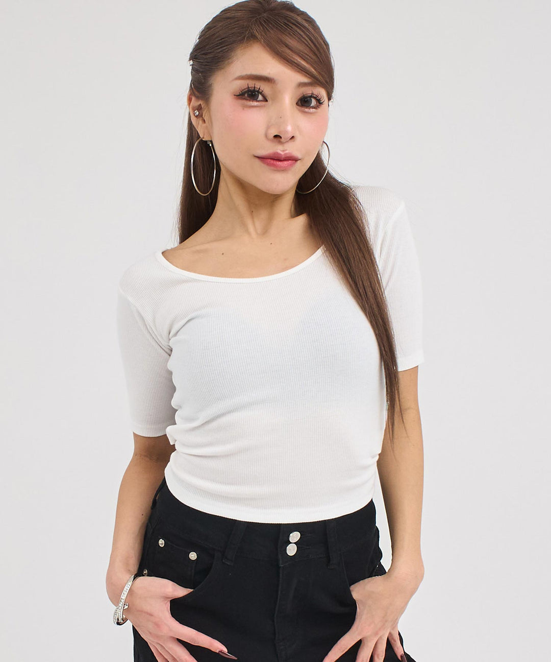 バックシフォンリボン リブTシャツ トップス 153-6031