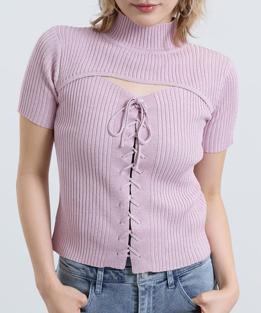 スピンドルカットアウト ラメ混 リブニット トップス 153-6034