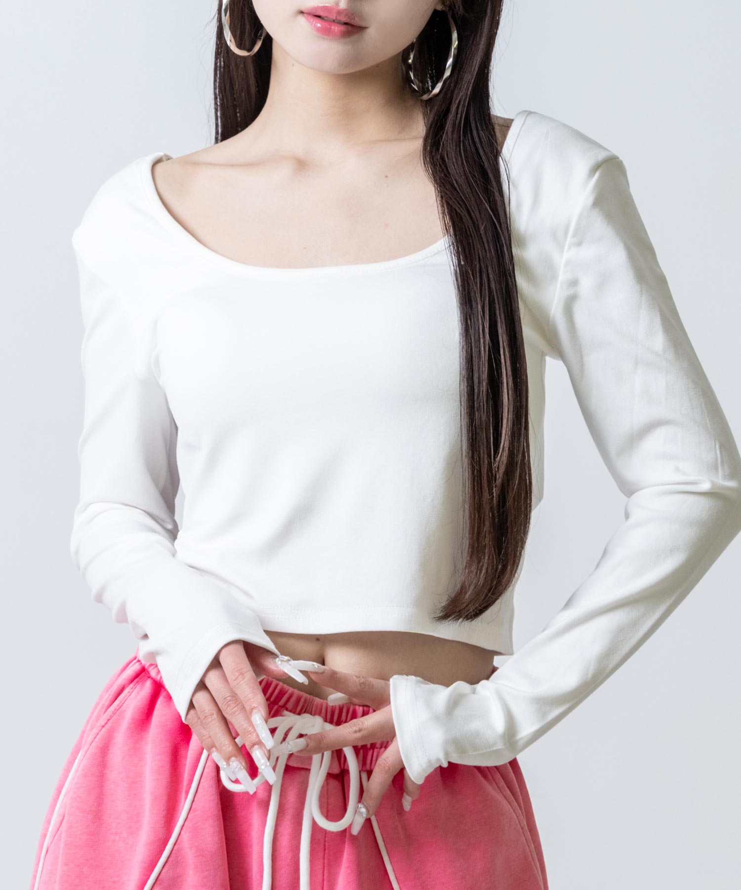 パッド付 クロップド ぴたっと ロングスリーブ Tシャツ 153-6039