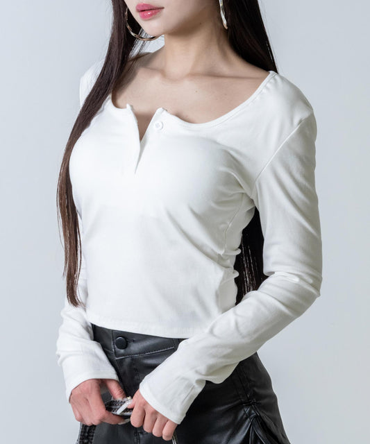 パッド付 ボタンデザイン ぴたっと ロングスリーブ Tシャツ 153-6040