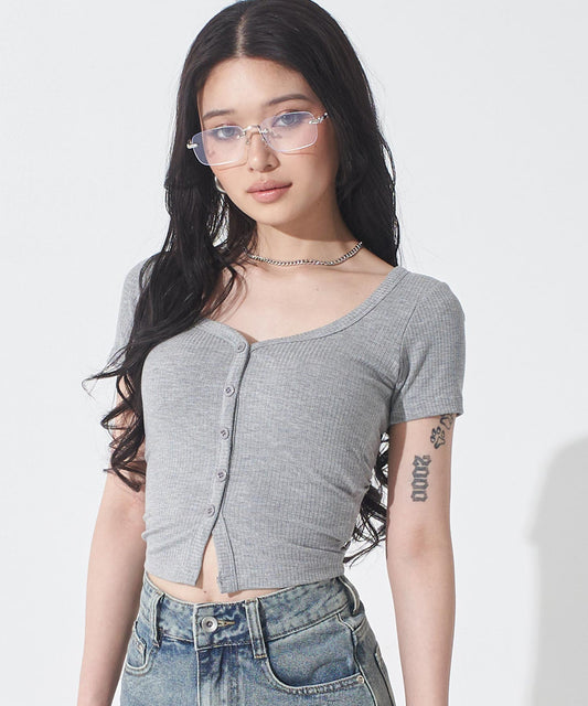 カップ付 V開き ぴたっと リブTシャツ 153-6125
