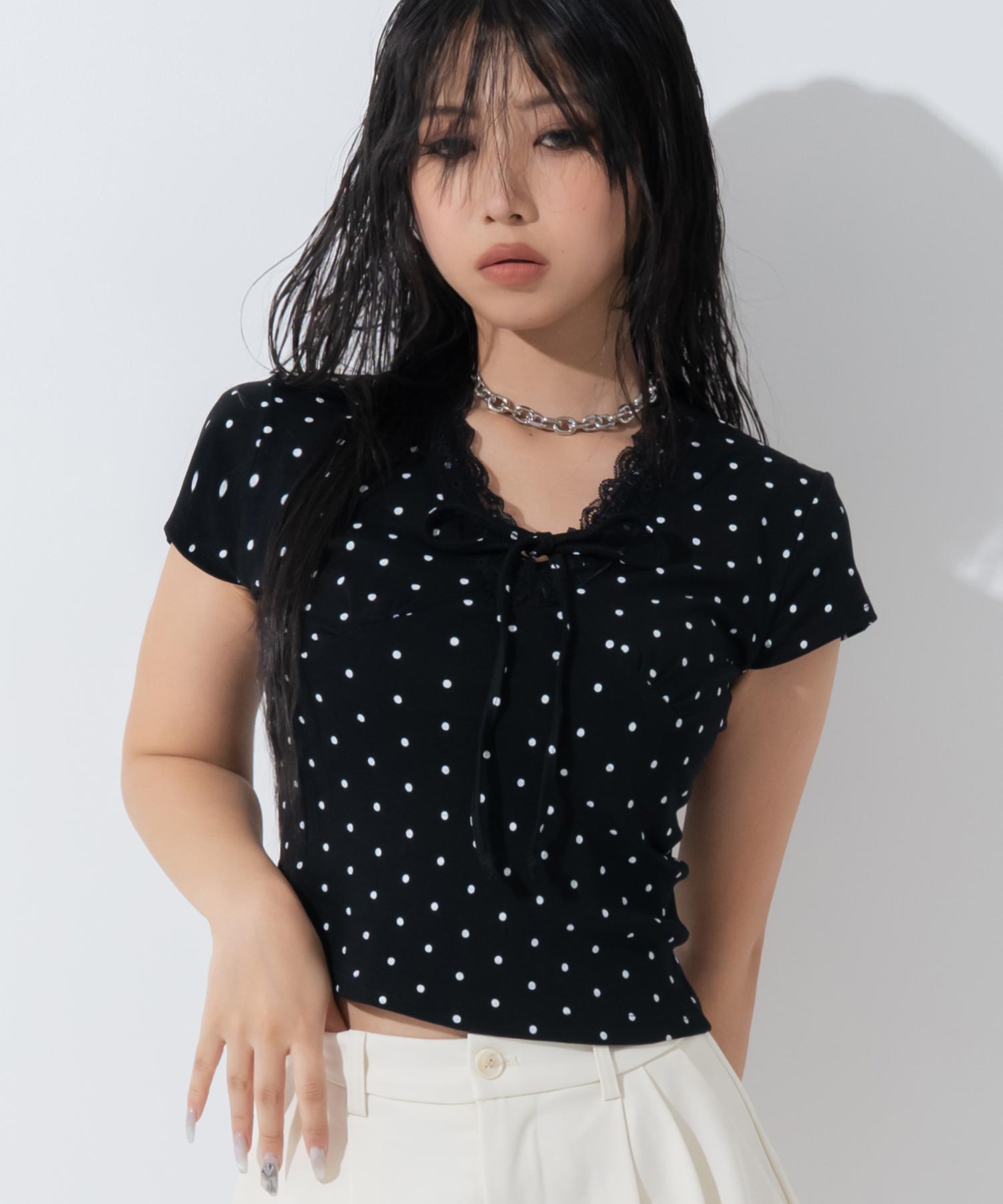 フロントリボン レースドッキング ドット柄トップス Tシャツ 153-6129