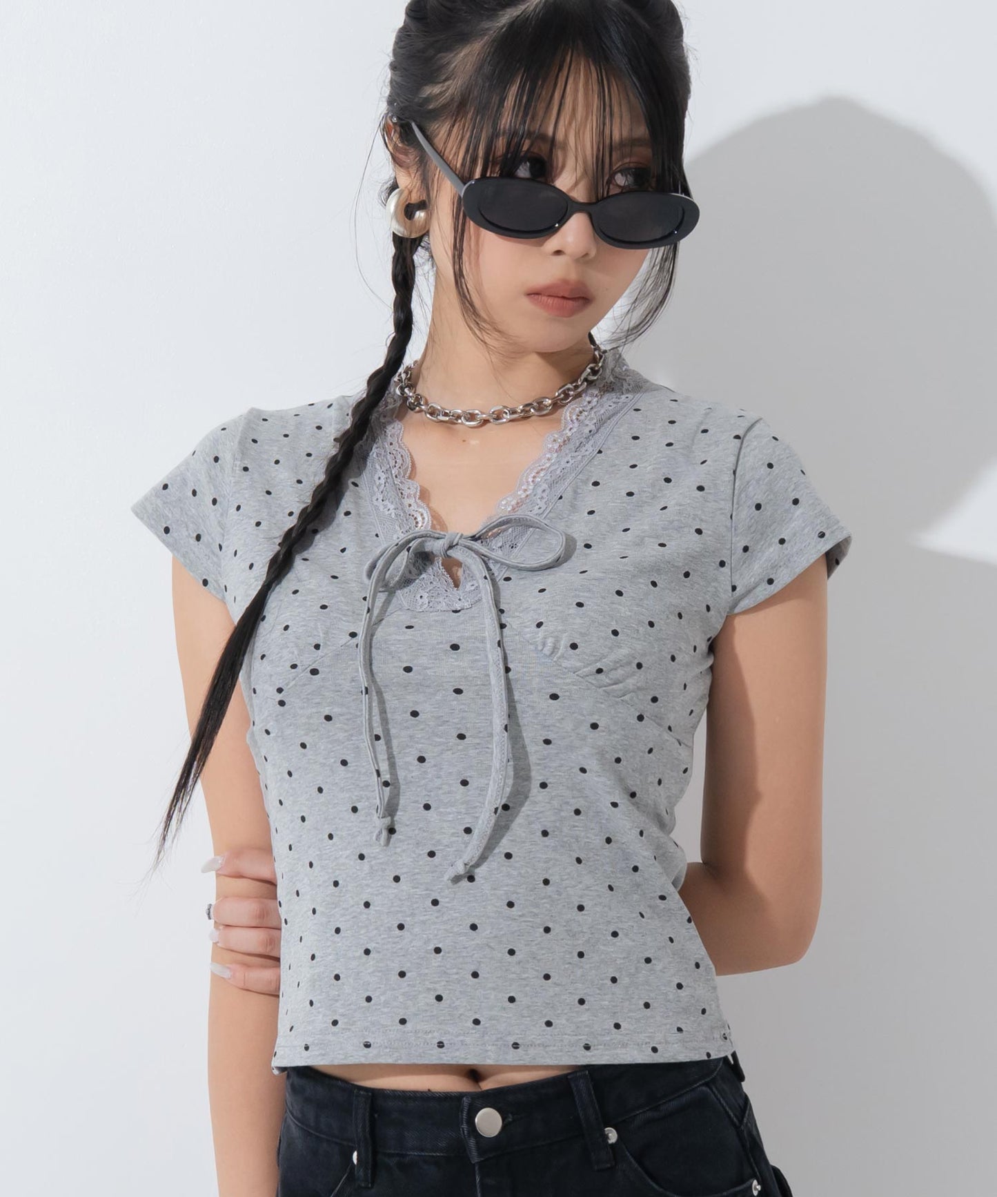 フロントリボン レースドッキング ドット柄トップス Tシャツ 153-6129
