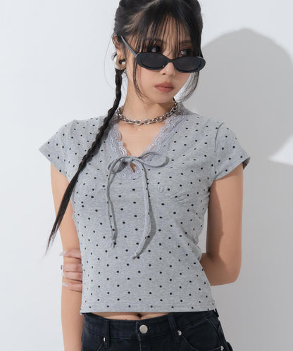 フロントリボン レースドッキング ドット柄トップス Tシャツ 153-6129