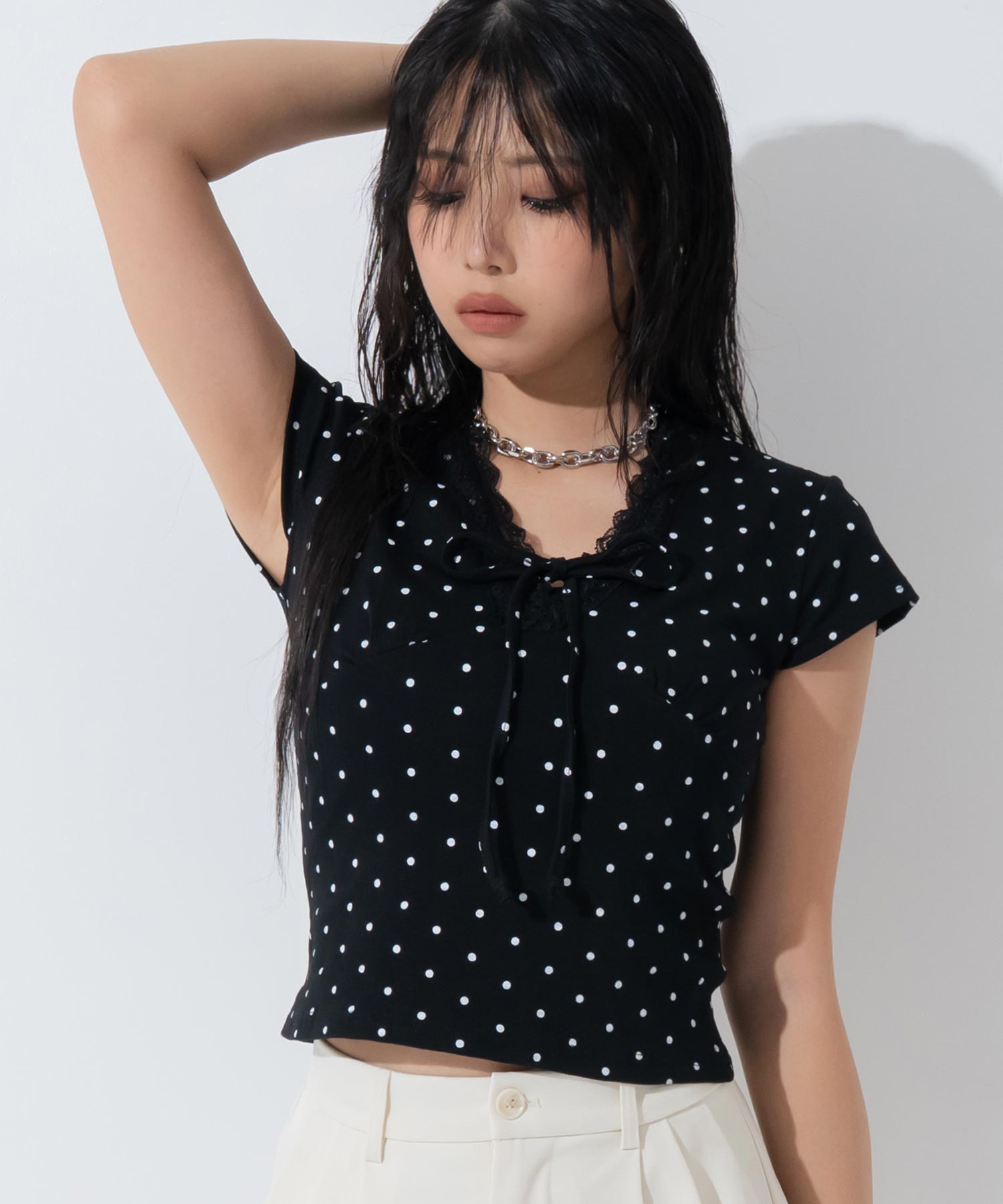 フロントリボン レースドッキング ドット柄トップス Tシャツ 153-6129